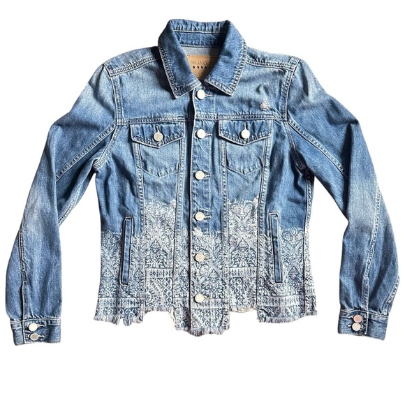BlankNYC Women’s Denim Jacket Size Small Distressed Hem Paisley Print Jean Coat - Picture 1 of 9